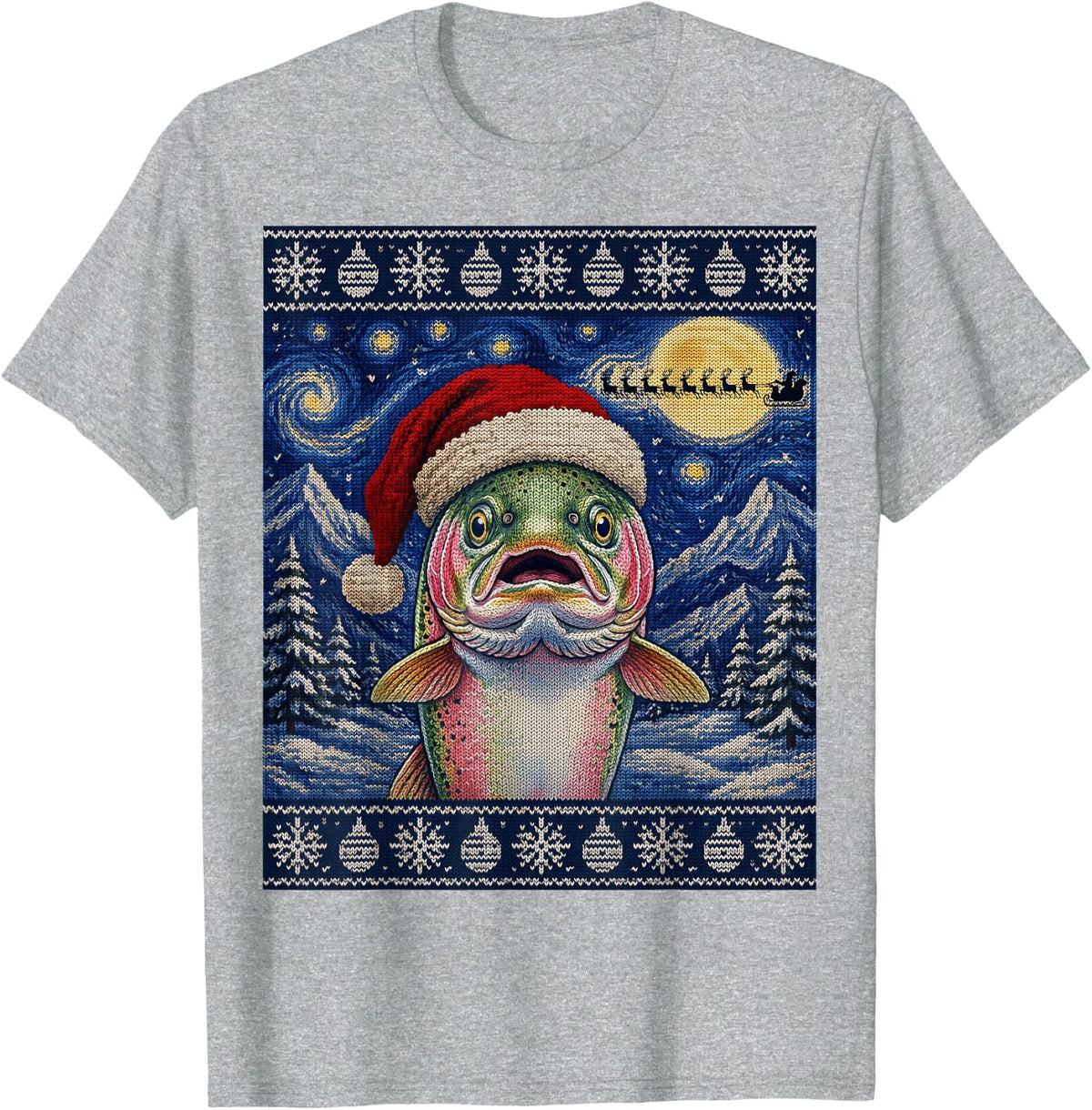 Trout Fish Santa Ugly Christmas T-Shirt - Heather Grey